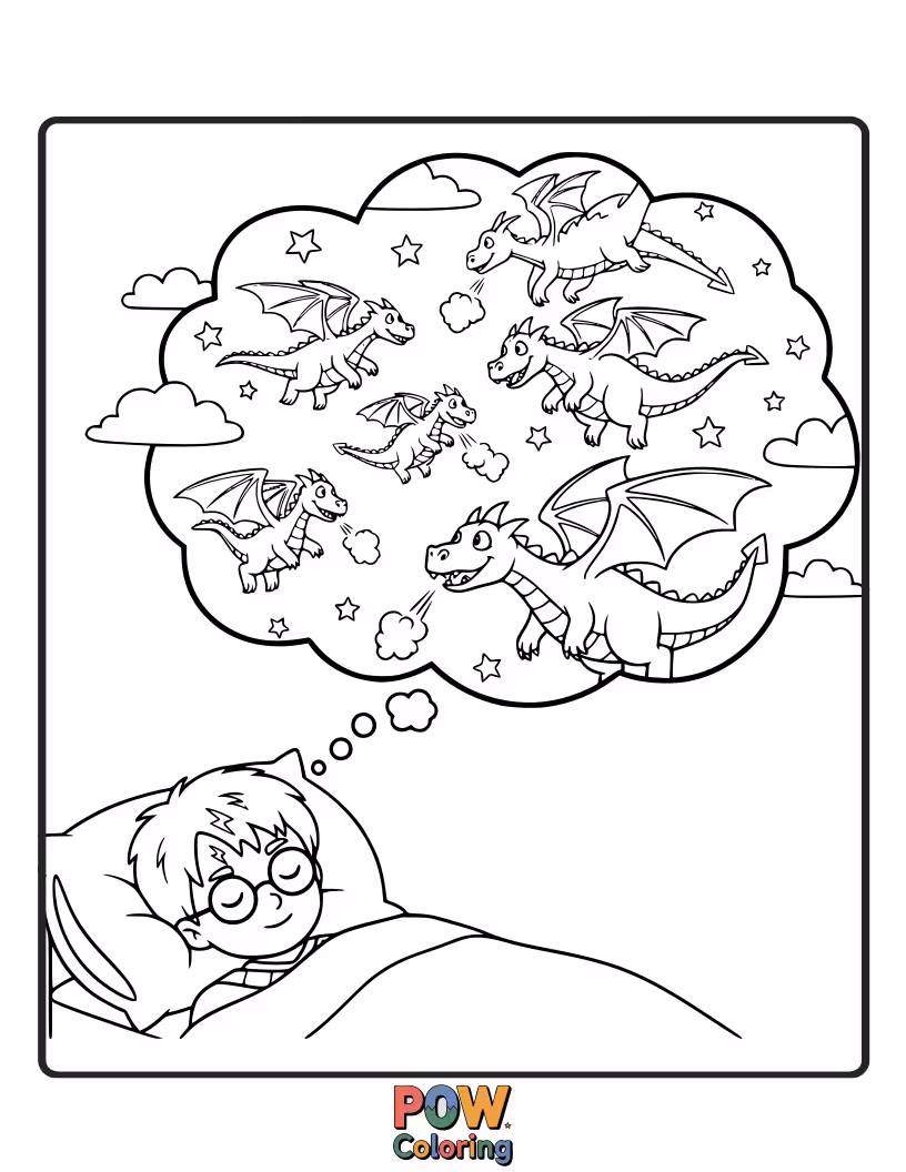 Free coloring page of A small, sleeping dragon with colorful scales, curled up on a pile of treasure, exhaling tiny puffs of smoke.