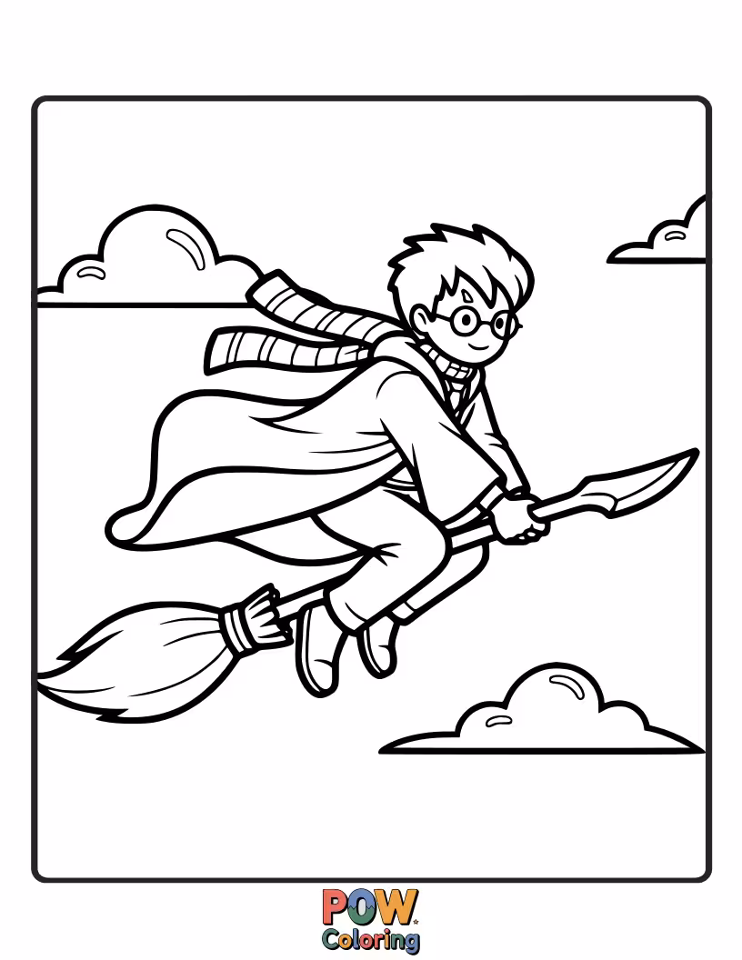 Free coloring page of A whimsical Nimbus 2000 zooming through fluffy clouds, leaving a trail of shimmering stardust and small shooting stars.