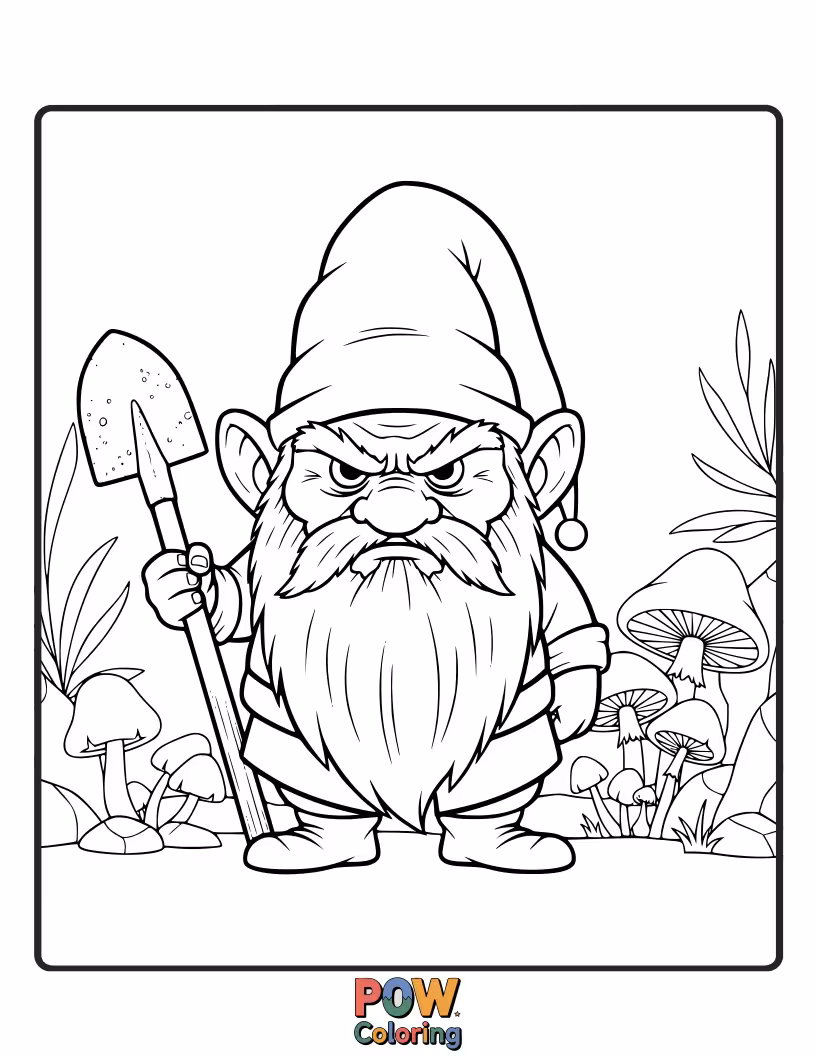 Free coloring page of A tiny, grumpy gnome wearing a pointy hat and muddy boots, guarding a patch of glowing magical mushrooms.