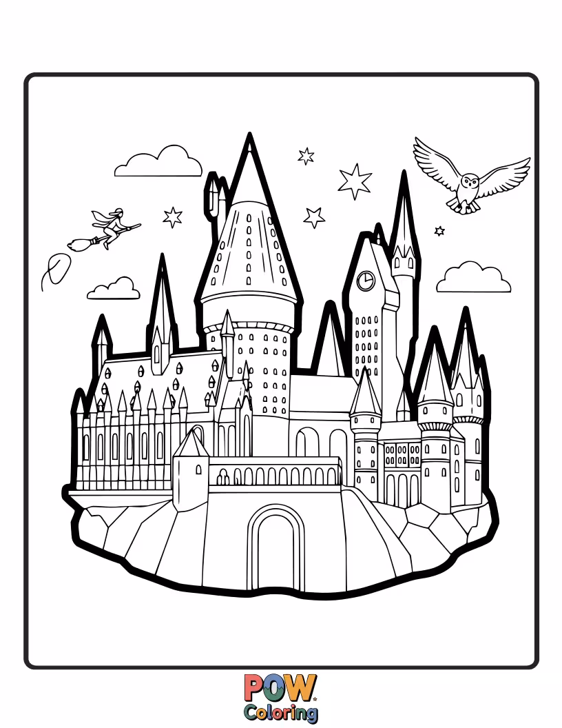 Free coloring page of A beautiful, detailed outline of Hogwarts castle bathed in moonlight, with friendly ghosts peeking from windows and an owl in a turret.