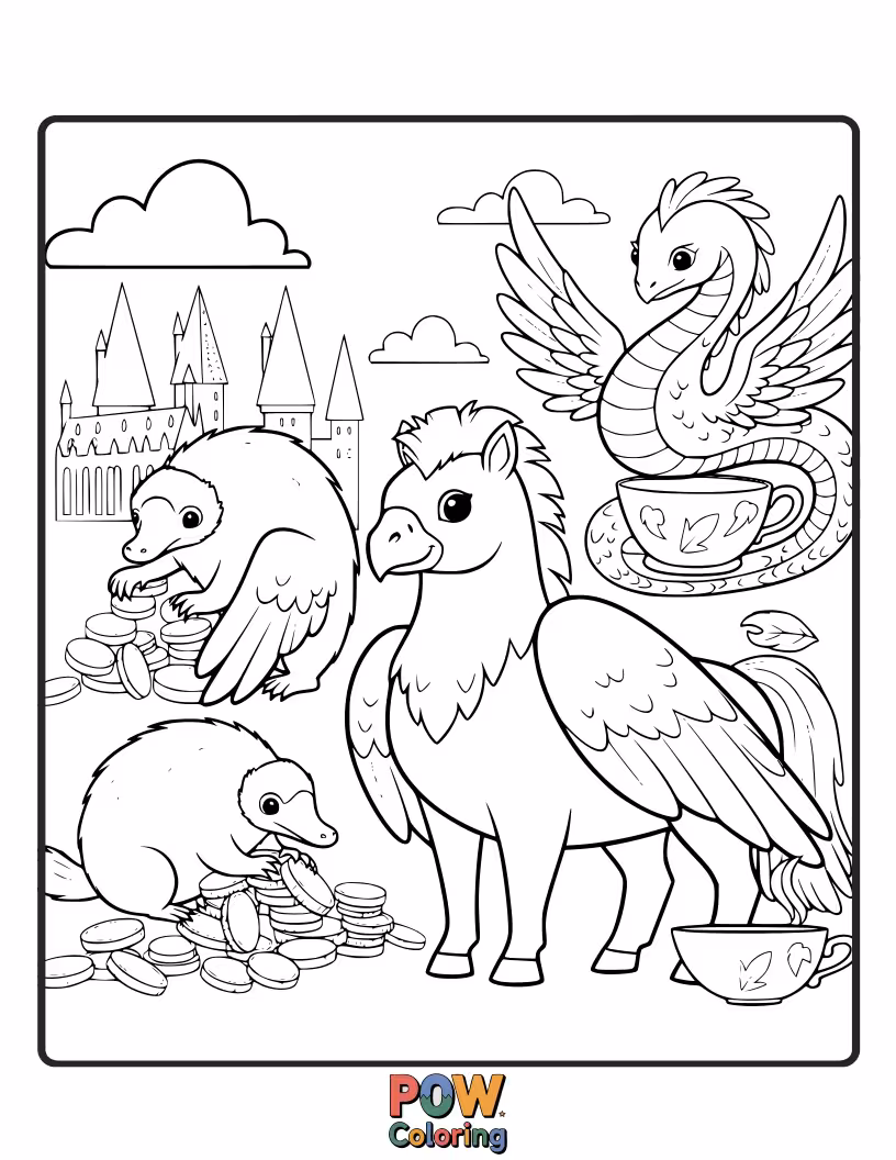 Free coloring page of A mischievous Niffler gleefully hoarding shiny buttons and coins, surrounded by sparkling gems and a tiny golden snitch.