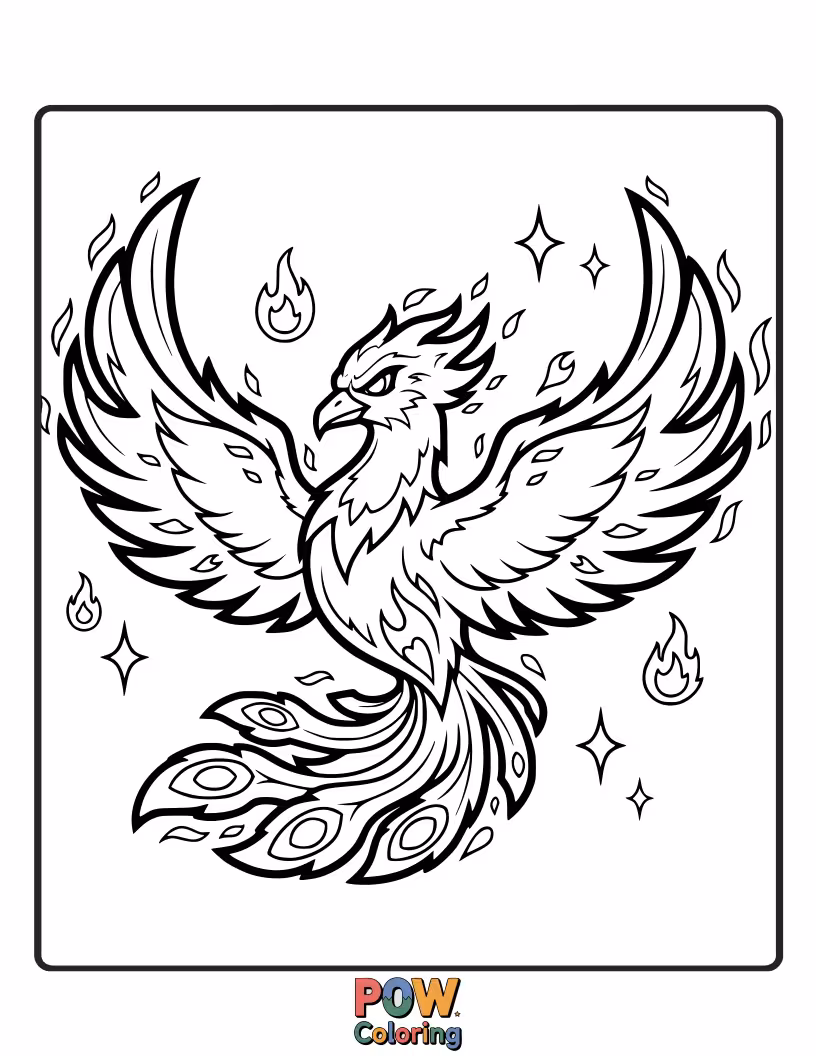 Free coloring page of A majestic phoenix with vibrant, fiery feathers, rising from ashes with a hopeful expression and glowing eyes.