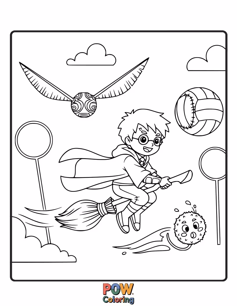 Free coloring page of A humorous scene of players falling off brooms, while the Snitch gleefully dodges their comical attempts to catch it.