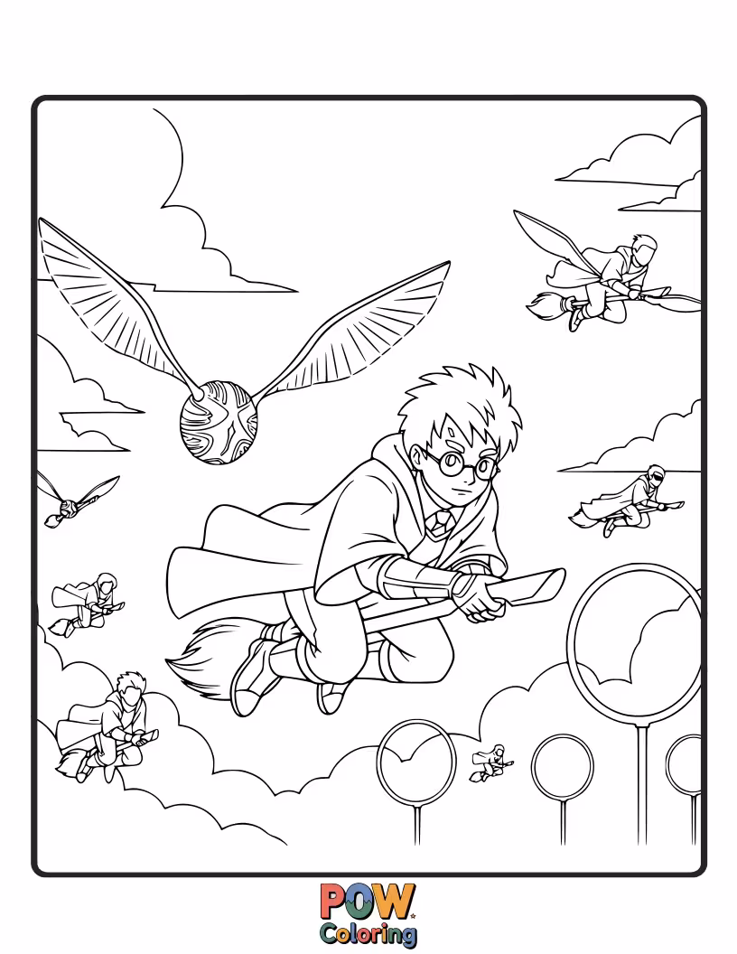 Free coloring page of A determined Golden Snitch with a tiny, cheeky grin, being chased by a swarm of happy, fluttering pixies.