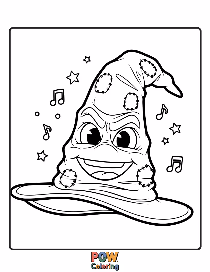 Free coloring page of A friendly Sorting Hat with big, curious eyes, about to place a tiny, surprised owl onto a student's head.