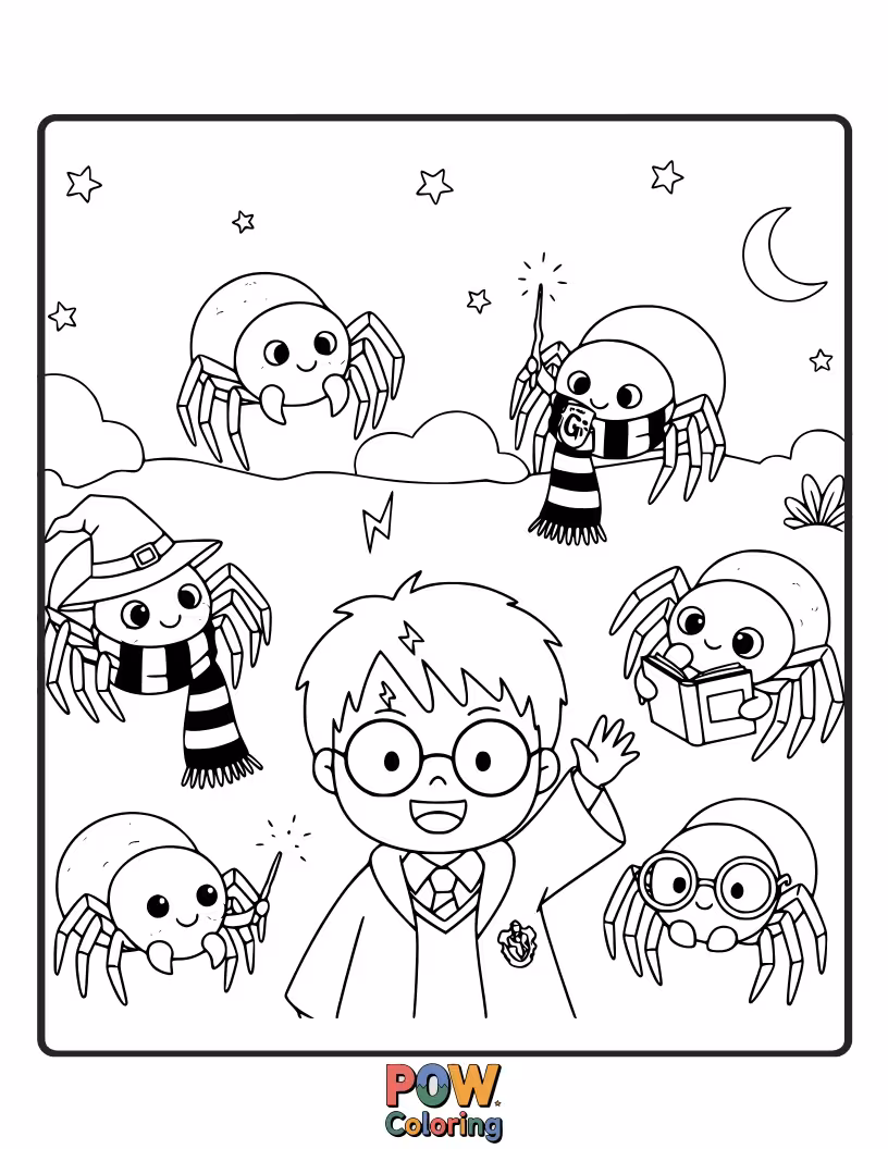 Free coloring page of A friendly, fluffy Aragog with big, kind eyes, sharing a cup of tea with smaller, smiling spiders in a cozy web.