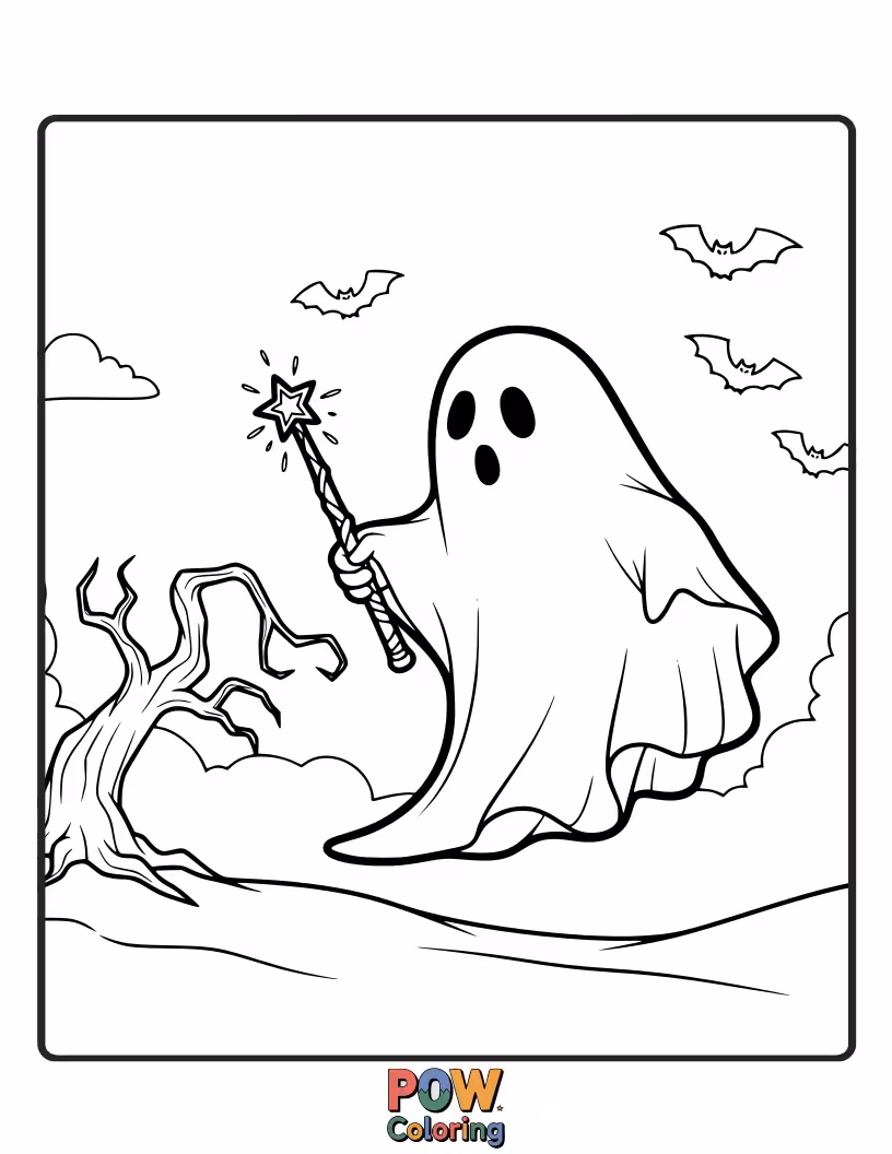 Free coloring page of A cheerful, translucent ghost wearing a bow tie, happily floating through a wall adorned with magical portraits.