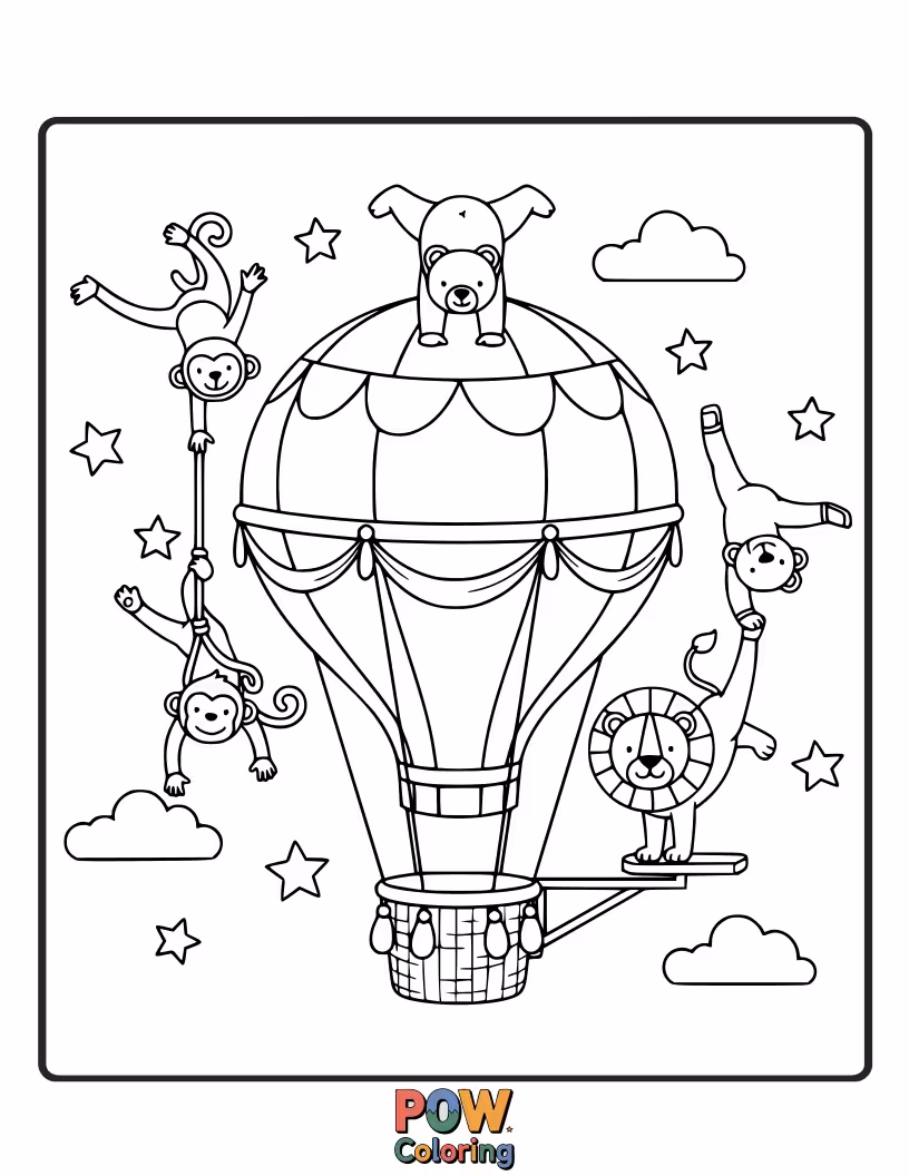 Free coloring page of Gymnasts performing elegant tumbles and poses inside a colorful hot air balloon drifting through the sky.