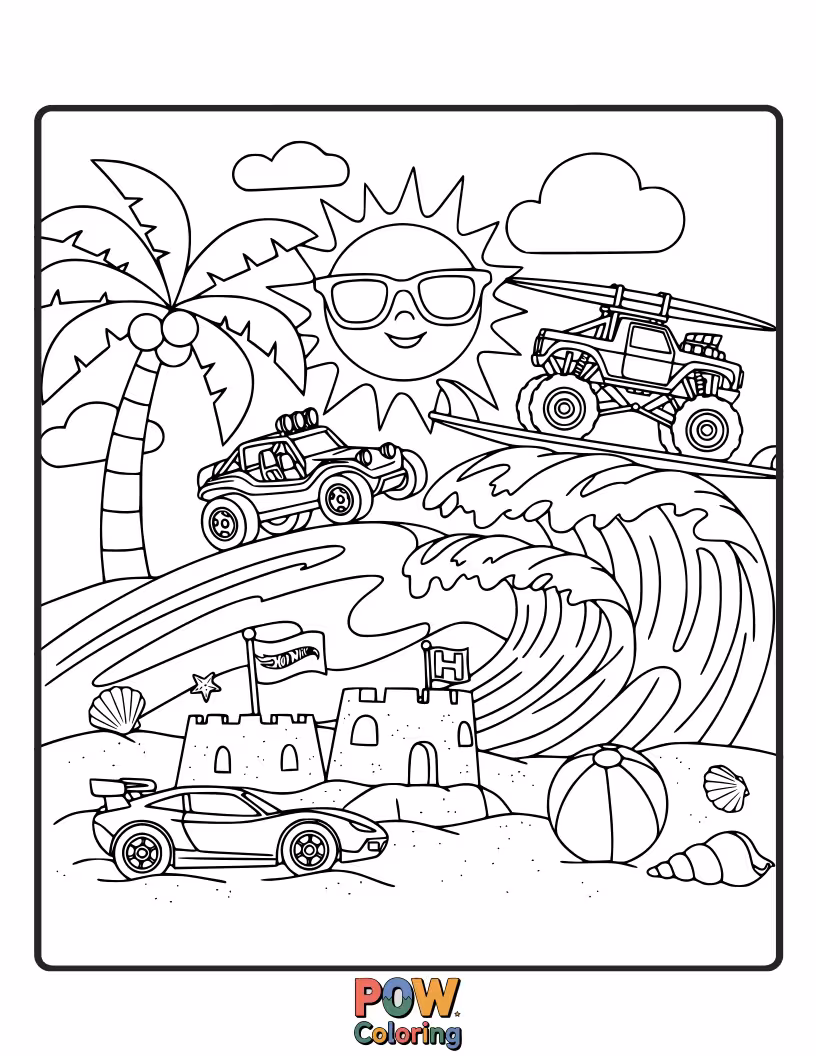 Free coloring page of A sun-kissed Hot Wheels convertible cruising along a sandy beach, with palm trees and surfboards.