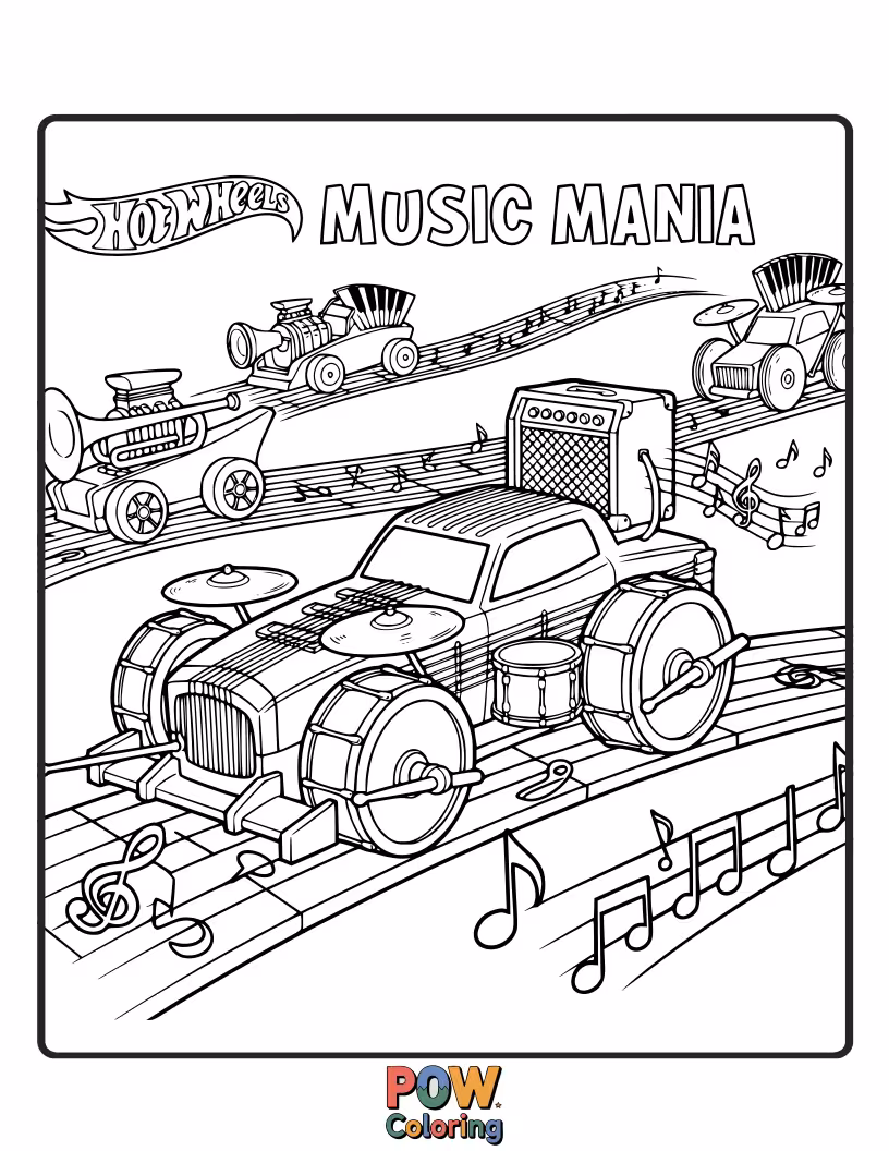 Free coloring page of A groovy Hot Wheels car blasting tunes from its stereo, surrounded by musical notes and dancing characters.