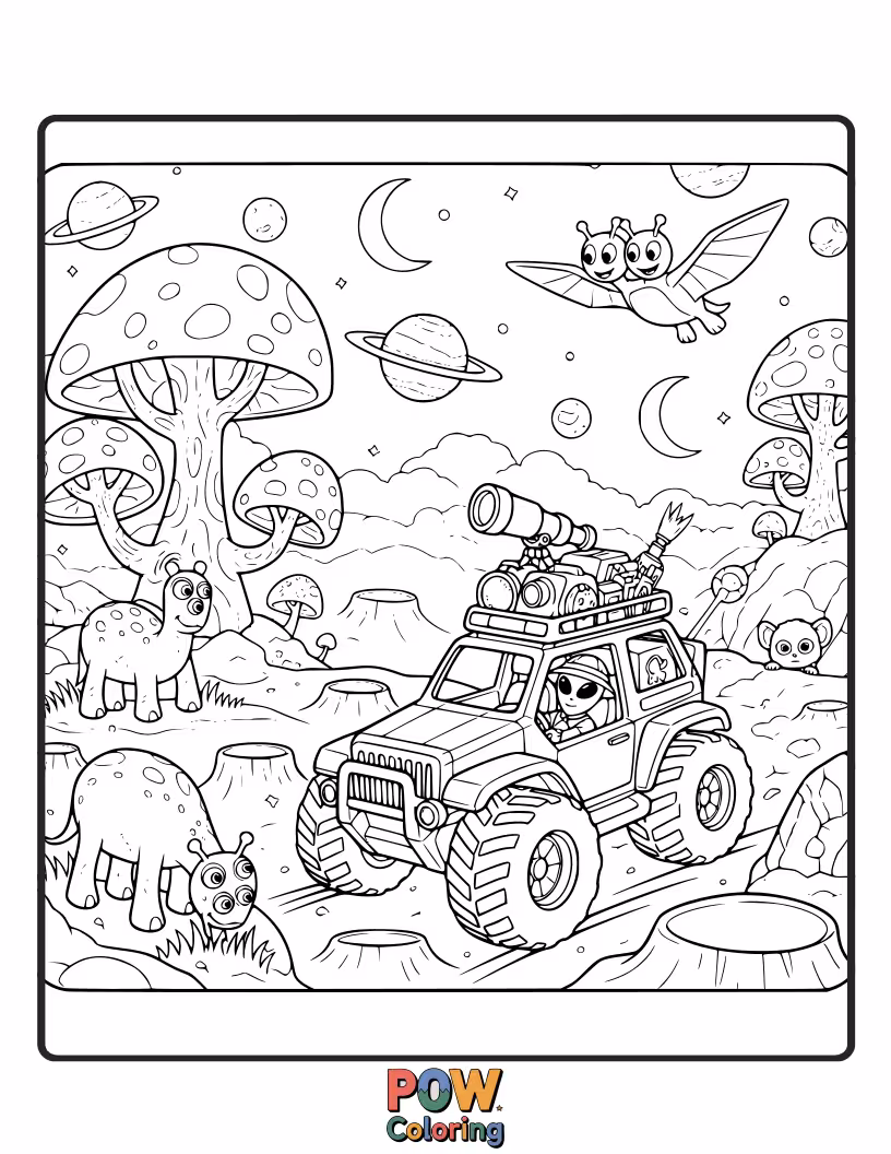 Free coloring page of A curious Hot Wheels rover exploring an alien planet with strange plants and sparkling rocks.