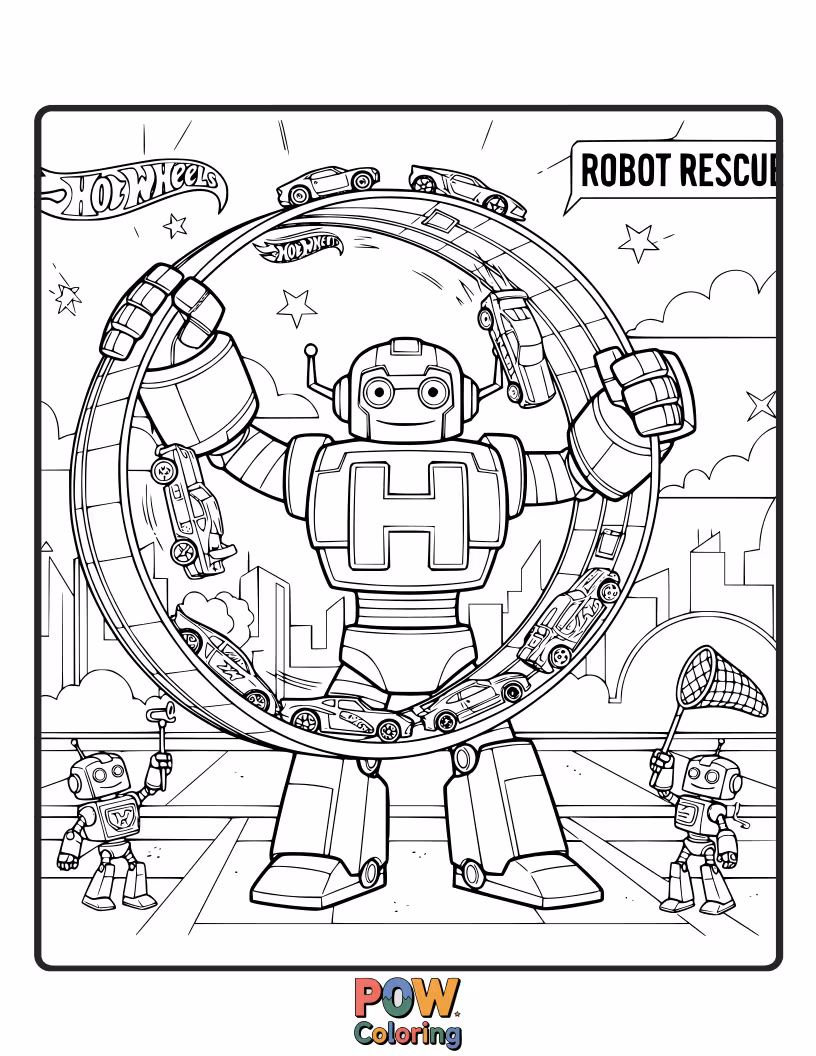 Free coloring page of A futuristic Hot Wheels robot car helping a small, friendly robot find its way home.