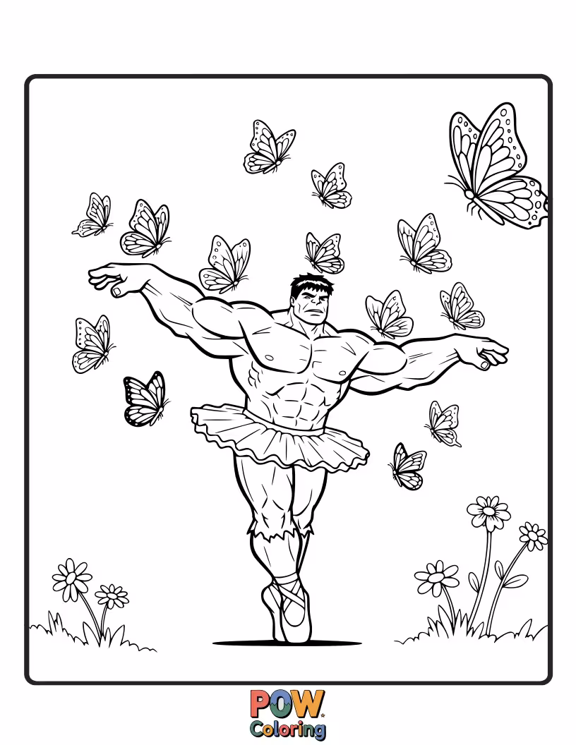 Free coloring page of Hulk dancing gracefully with butterflies.