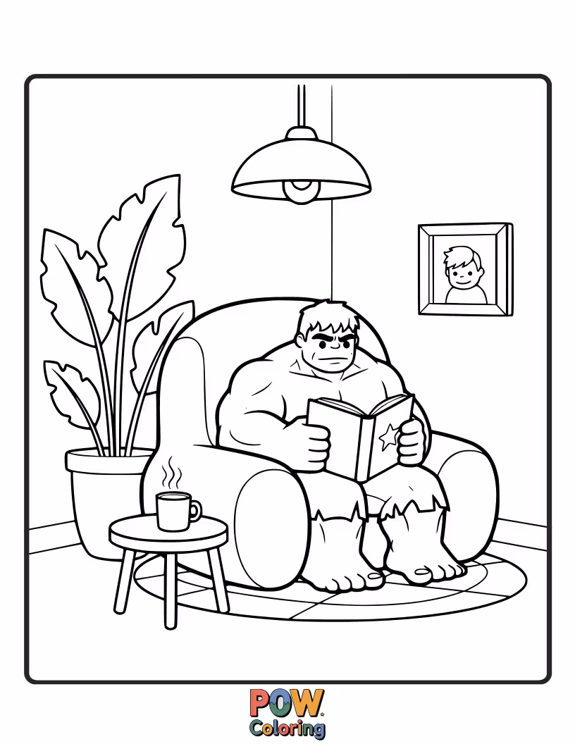 Free coloring page of Hulk reading a book comfortably in a huge armchair.
