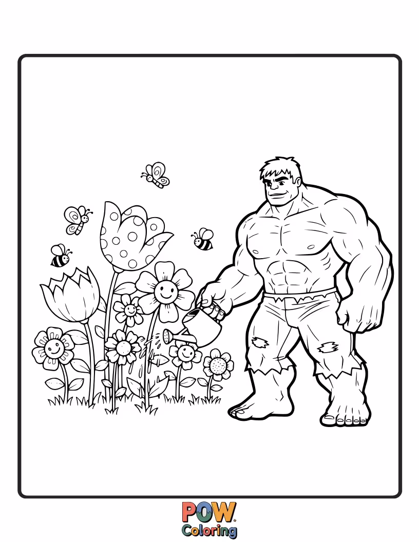 Free coloring page of Hulk gently watering a giant flower.