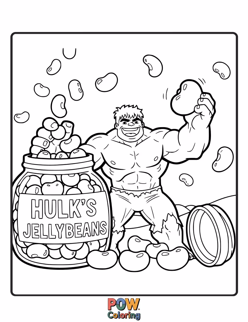 Free coloring page of Hulk happily surrounded by a pile of jellybeans.