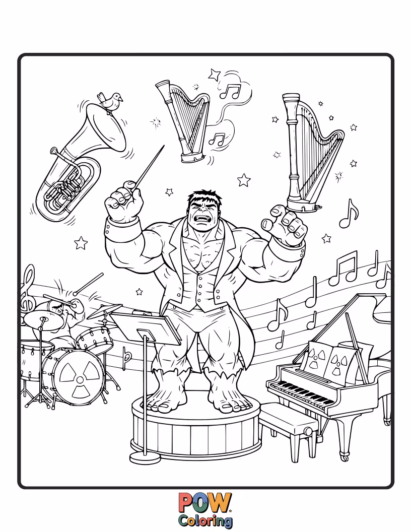 Free coloring page of Hulk conducting an orchestra of animals.