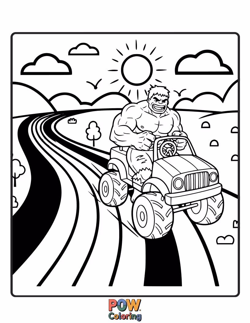Free coloring page of Hulk driving a colorful car across a rainbow.