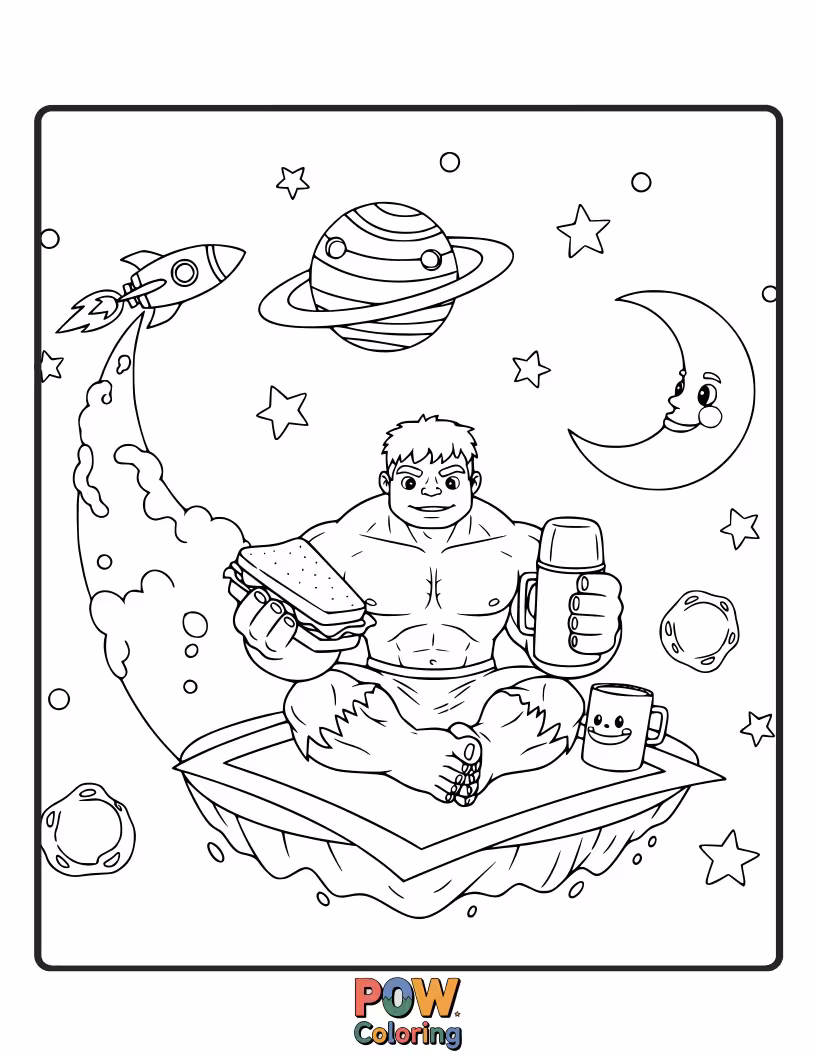 Free coloring page of Hulk having a picnic on the moon with stars.