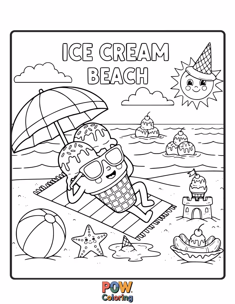 Free coloring page of A melting ice cream cone with sunglasses, sitting on the sand and enjoying a refreshing beach breeze.