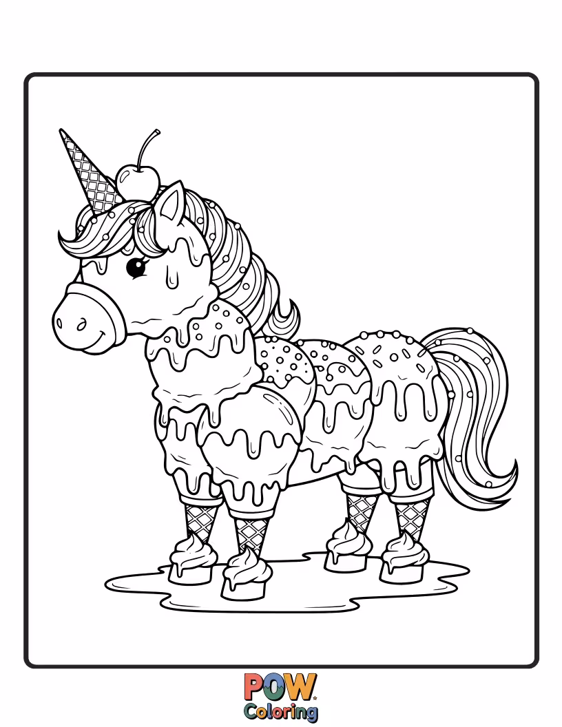 Free coloring page of A horse made from colorful scoops of ice cream, melting slightly in the sunshine, with sprinkles.