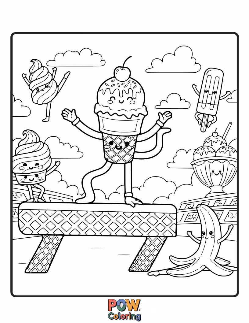 Free coloring page of Gymnasts made of ice cream cones and scoops performing sweet and delightful moves on a dessert-themed floor.