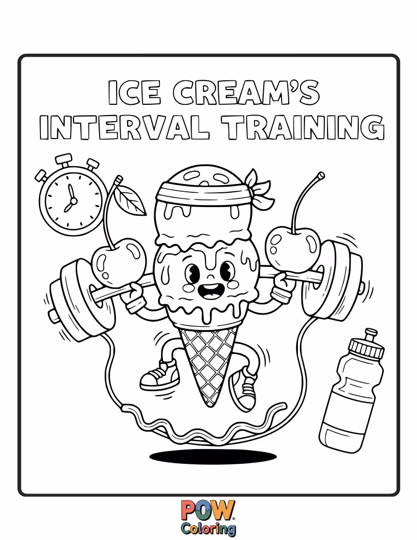 Free coloring page of A melting ice cream cone bravely doing high-intensity interval training on a cool, icy gym floor.