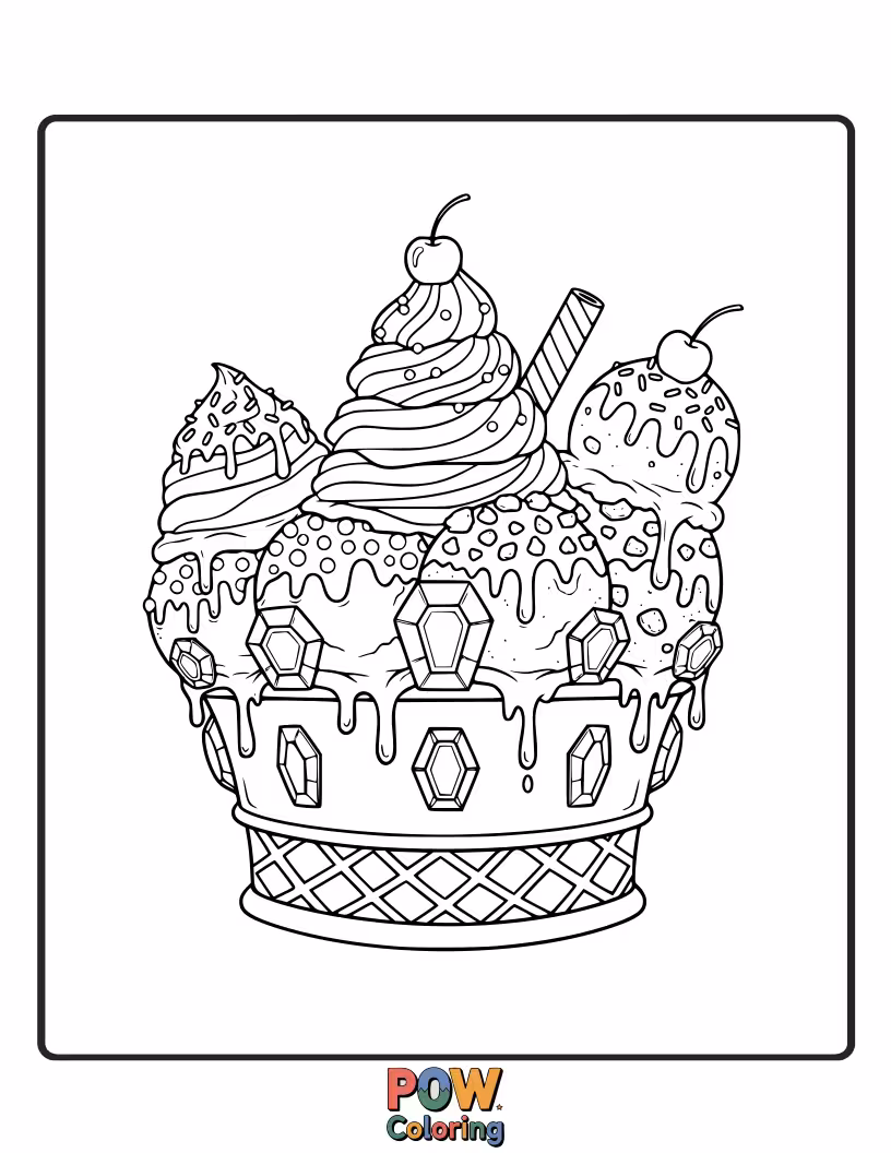 Free coloring page of A majestic crown adorned with various ice cream flavors and gem-like sprinkles.