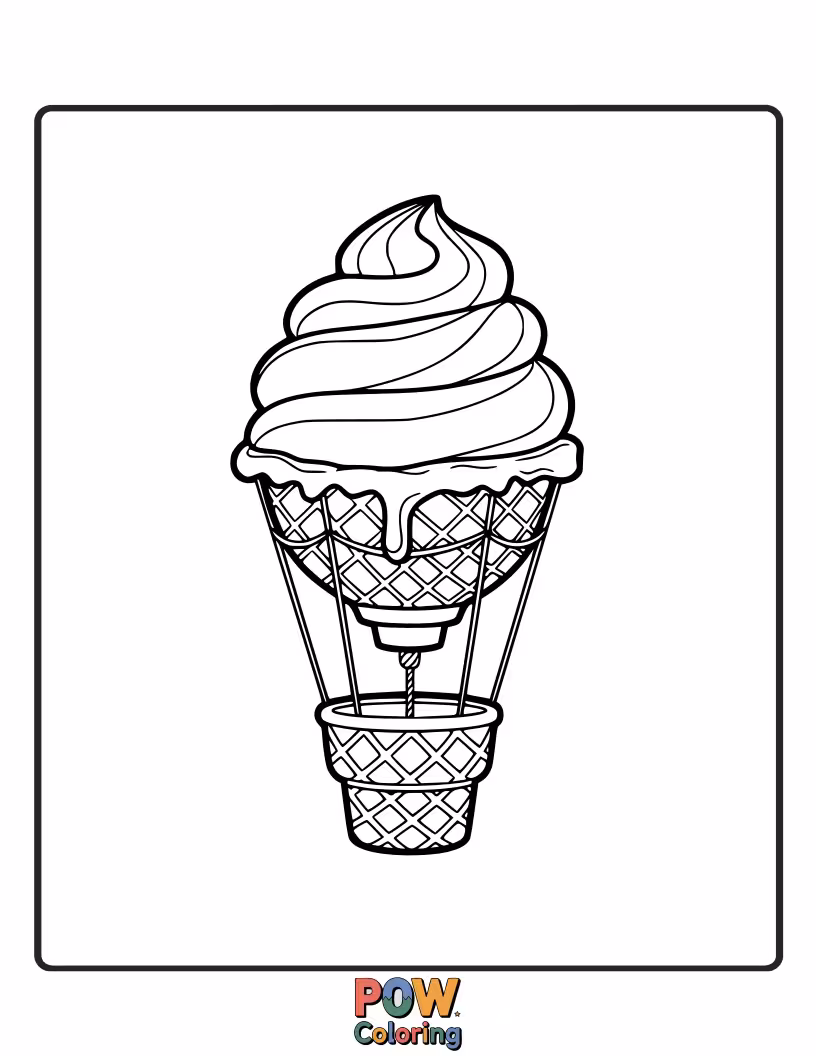 Free coloring page of A giant ice cream scoop as a hot air balloon, floating gently above a landscape of candy clouds.