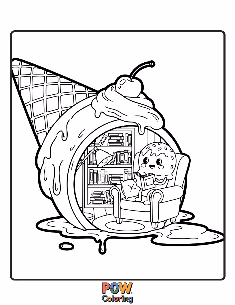 Free coloring page of A cozy nook made of ice cream, where a little character reads a book, surrounded by sweet treats.