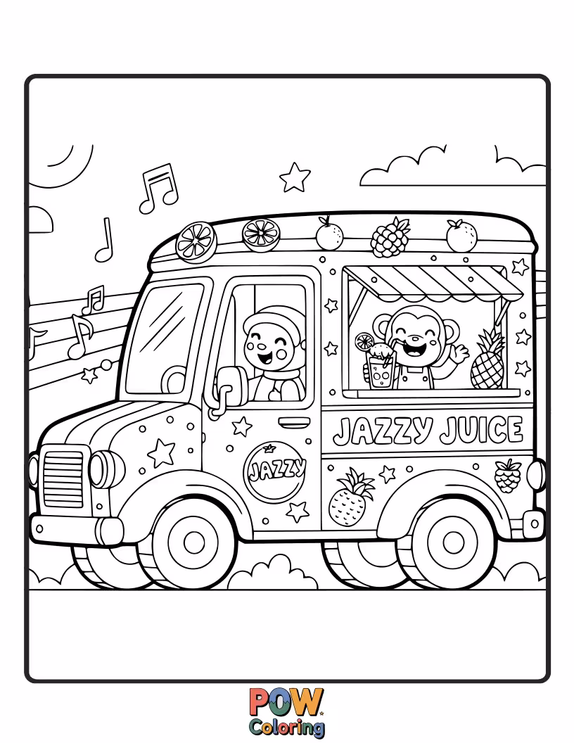 Free coloring page of A cool food truck with musical notes and a saxophone, serving vibrant juices with a groovy, rhythmic feel.