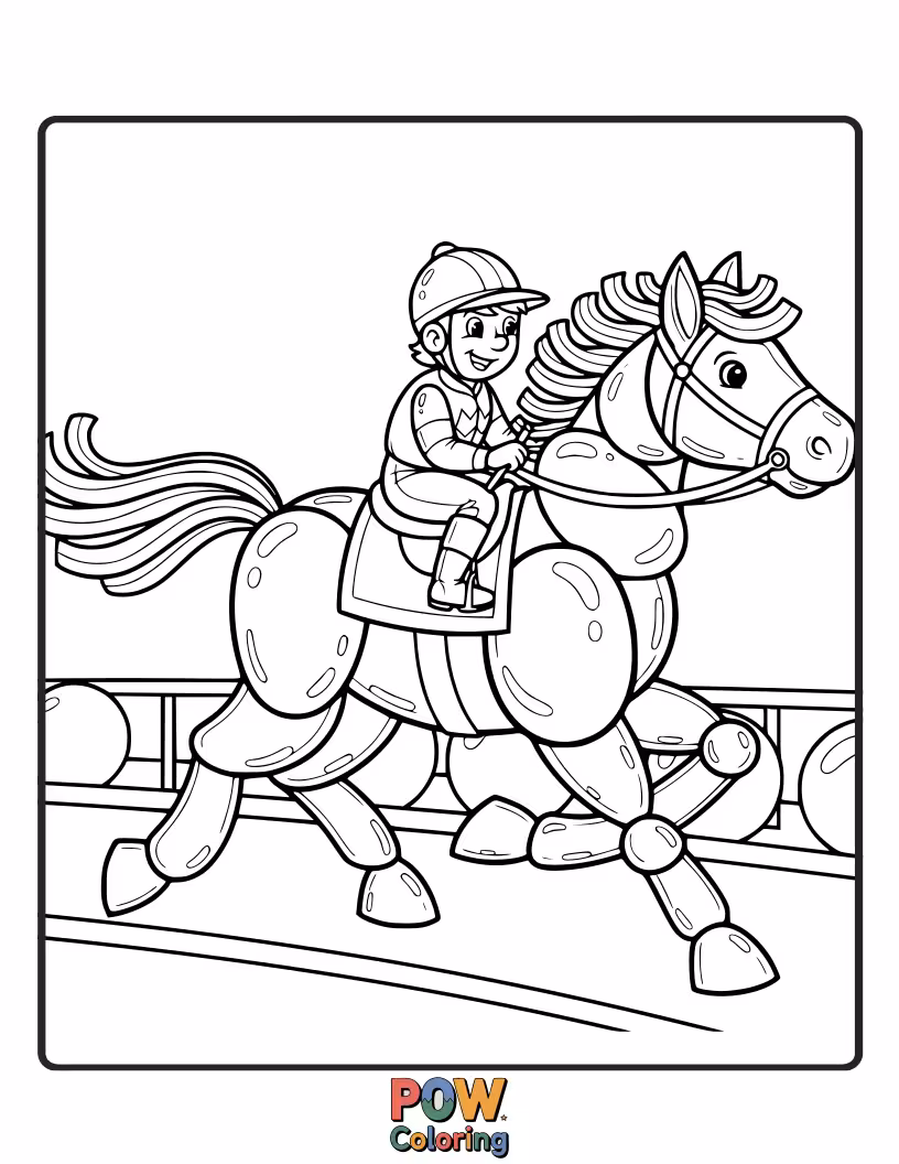 Free coloring page of A horse made of colorful jellybeans, with a tiny rider made of a licorice whip.