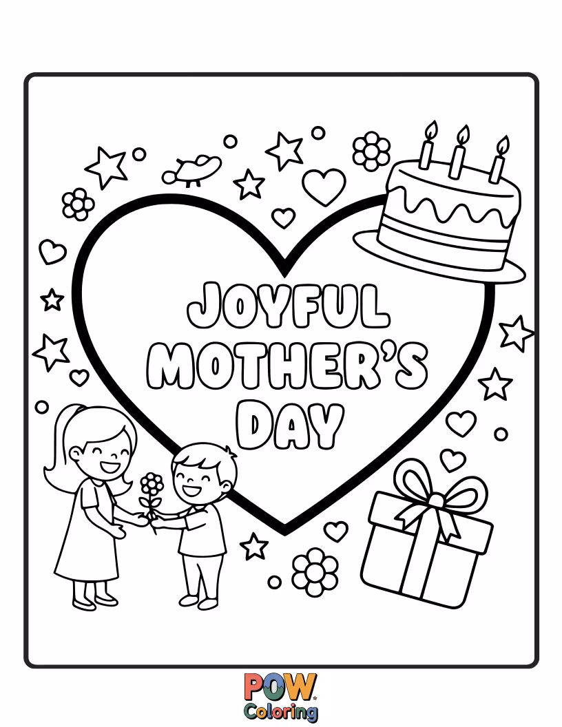 Free coloring page of A group of happy animals celebrating with mom, sharing gifts and laughter. A delightful and communal celebration.
