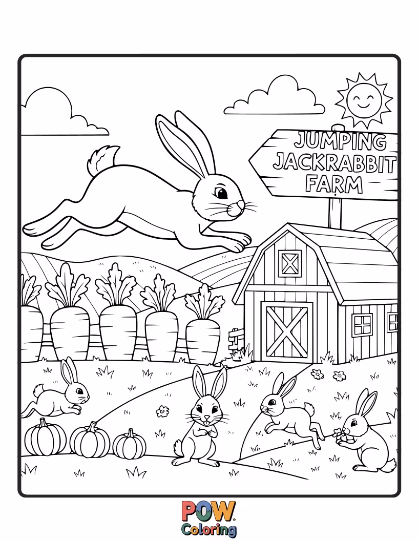 Free coloring page of An energetic jackrabbit leaping high over colorful farm flowers and friendly insects.