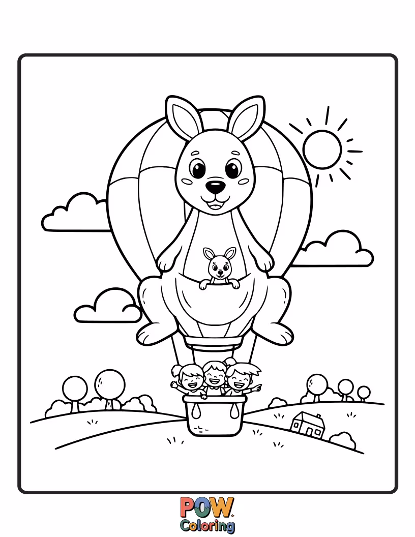 Free coloring page of A kangaroo joyfully floating upwards, holding onto a bunch of colorful balloons.