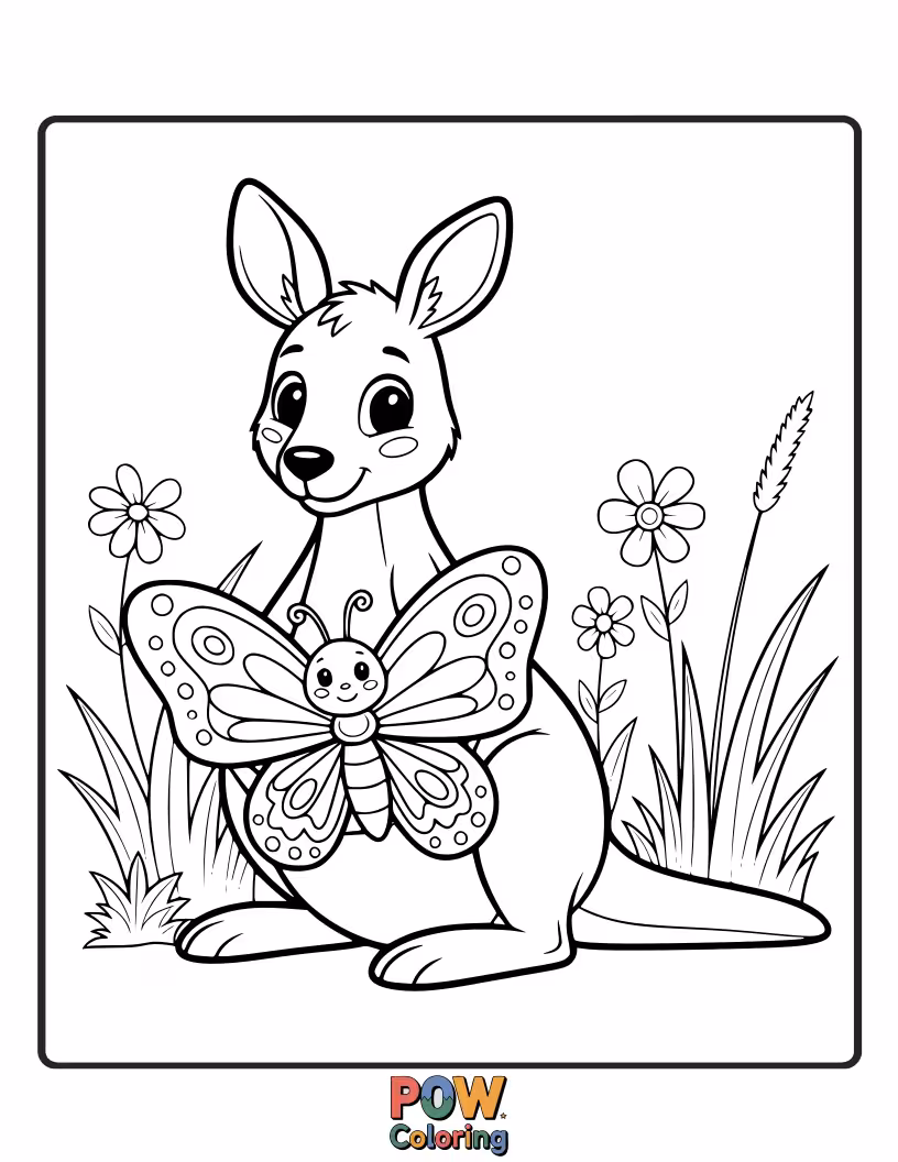 Free coloring page of A gentle kangaroo with a smiling face, a colorful butterfly resting on its nose.