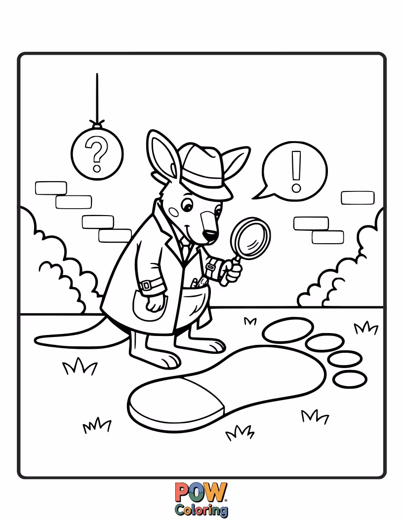 Free coloring page of A smart kangaroo with a magnifying glass, examining a mysterious footprint.