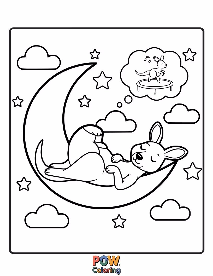 Free coloring page of A kangaroo nestled comfortably in its pouch, dreaming of stars and clouds.