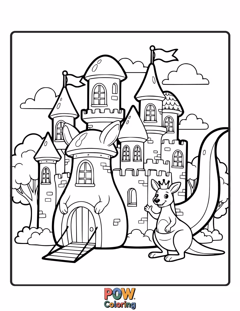 Free coloring page of A graceful kangaroo standing before a magical fairy tale castle.