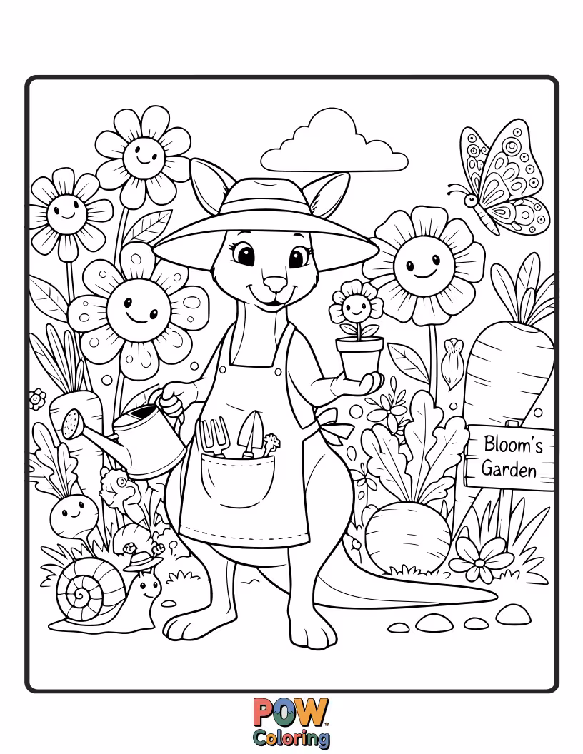 Free coloring page of A focused kangaroo tending to a garden of vibrant flowers.