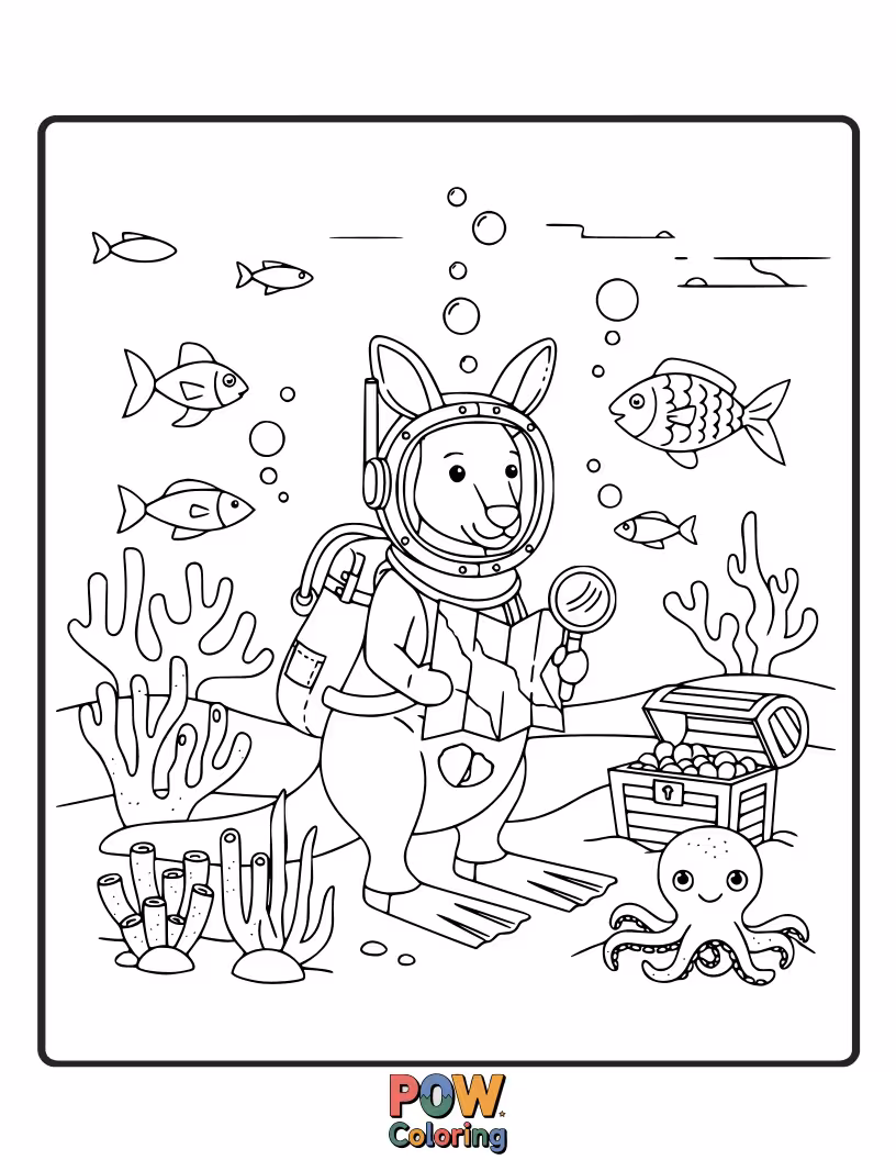 Free coloring page of A curious kangaroo wearing a snorkel, peeking into the underwater world.