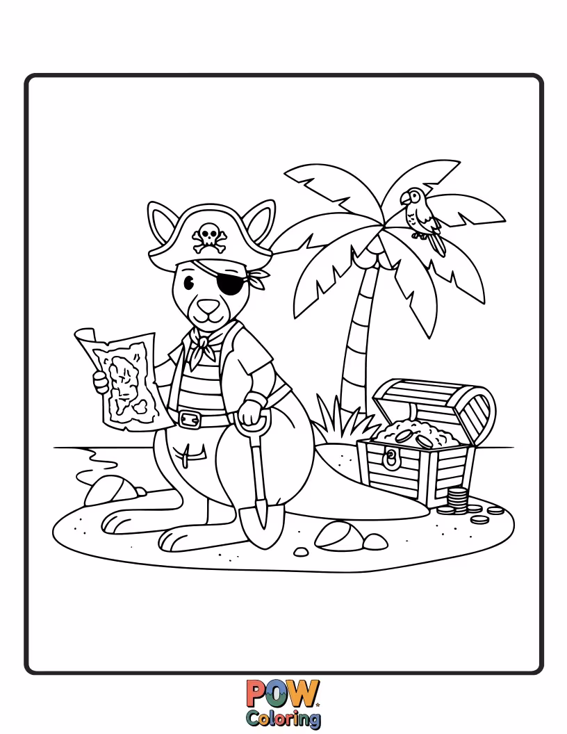 Free coloring page of A roguish kangaroo with an eye patch and pirate hat, holding a treasure map.