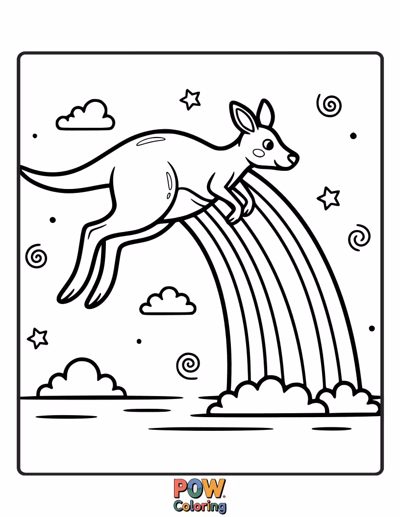 Free coloring page of A kangaroo leaping across a vibrant rainbow, leaving a shimmering trail.