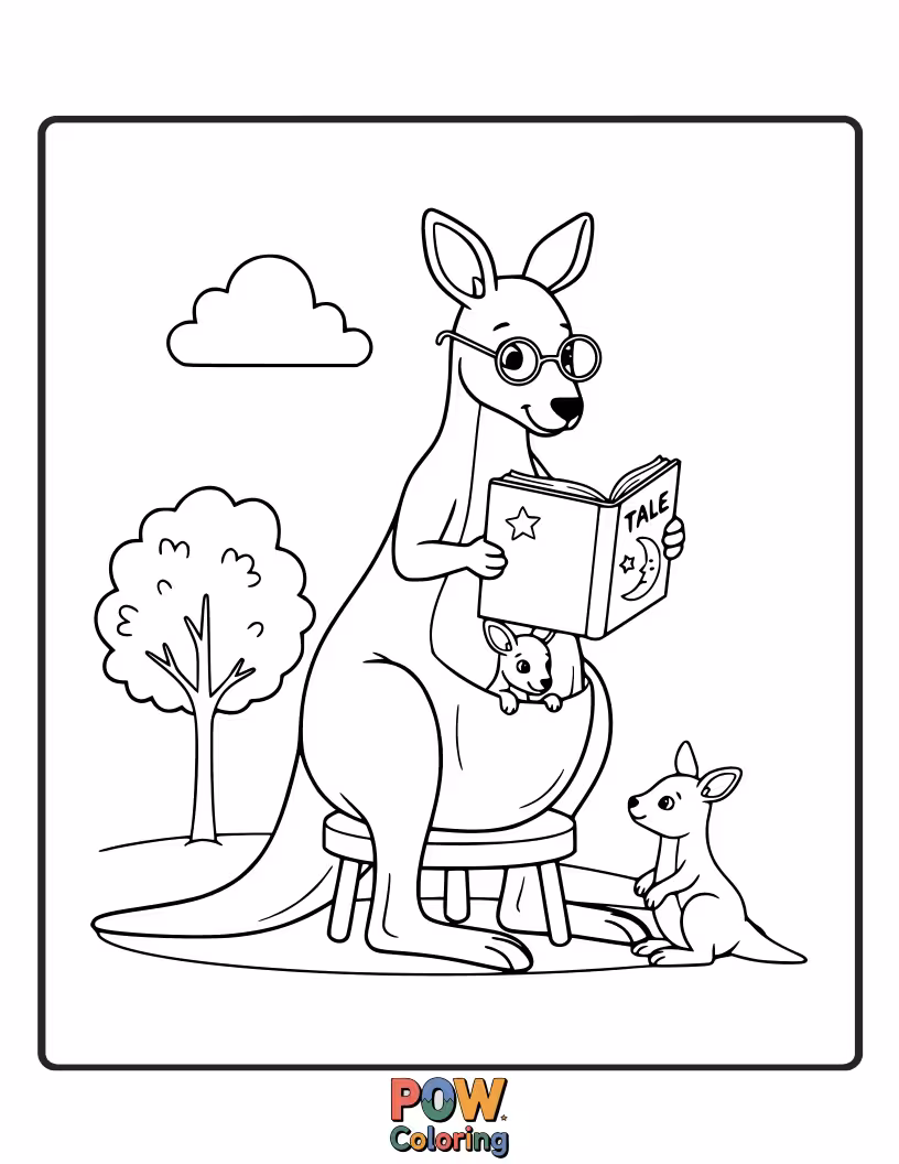 Free coloring page of A wise-looking kangaroo engrossed in a large book, surrounded by tiny bush creatures.