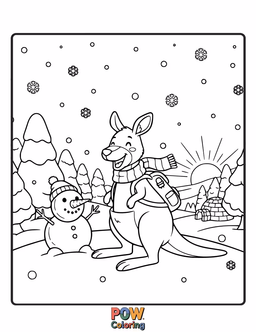Free coloring page of A bundled-up kangaroo gleefully playing in the snow with a scarf.