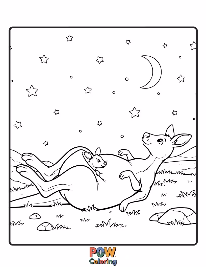 Free coloring page of A serene kangaroo looking up at a sky full of twinkling stars.