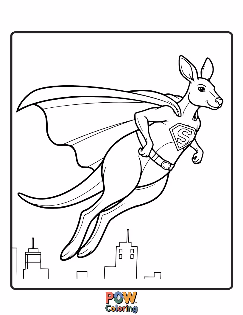 Free coloring page of A powerful kangaroo in a superhero cape, striking a dynamic pose.