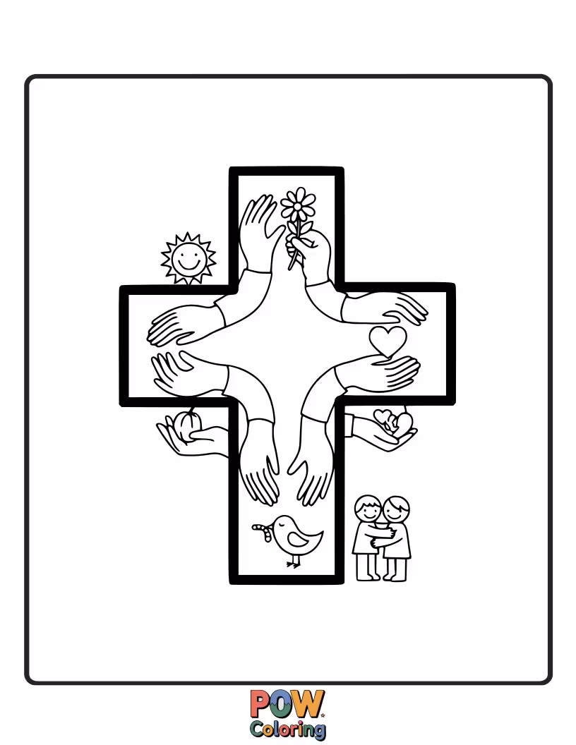 Free coloring page of A simple and sweet cross decorated with heartwarming phrases, promoting love and gentle compassion.