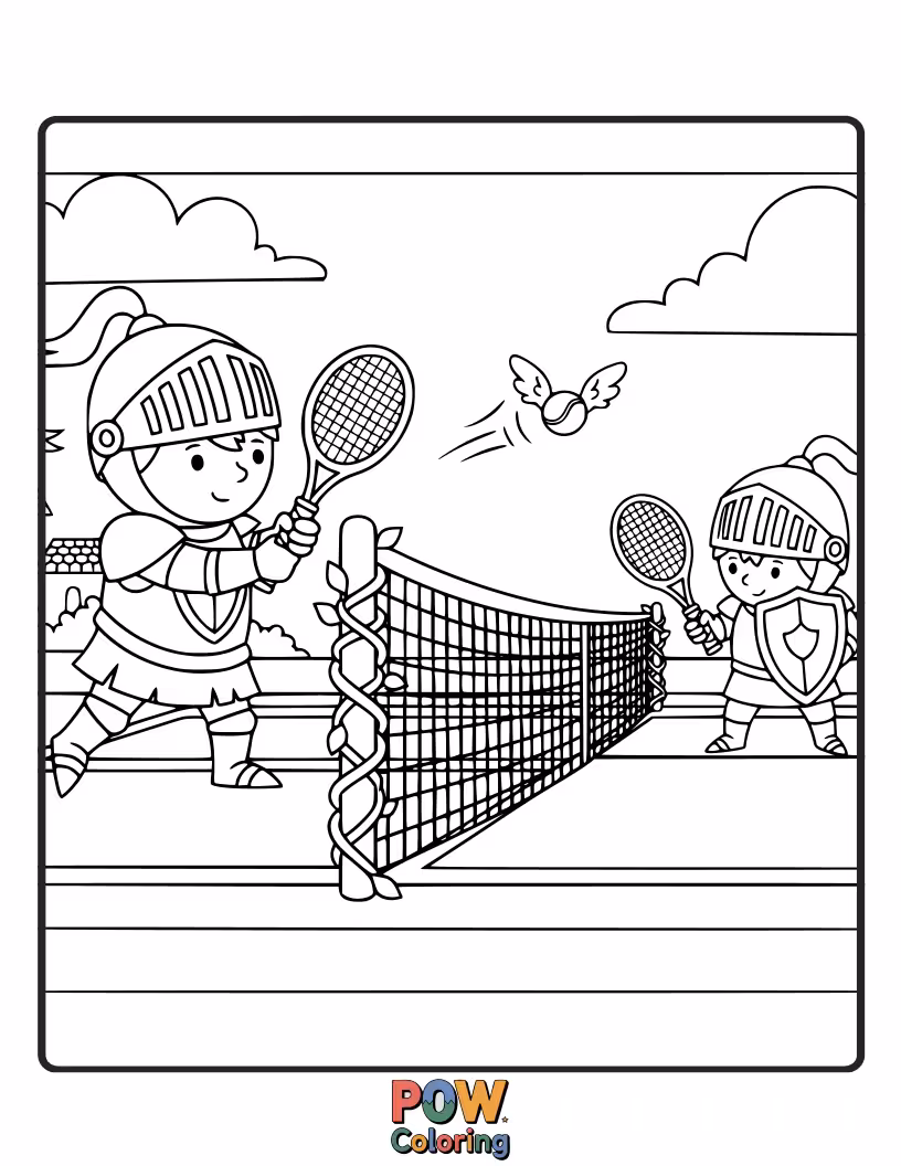 Free coloring page of Medieval knights in shining armor playing a spirited game of tennis on a castle courtyard.