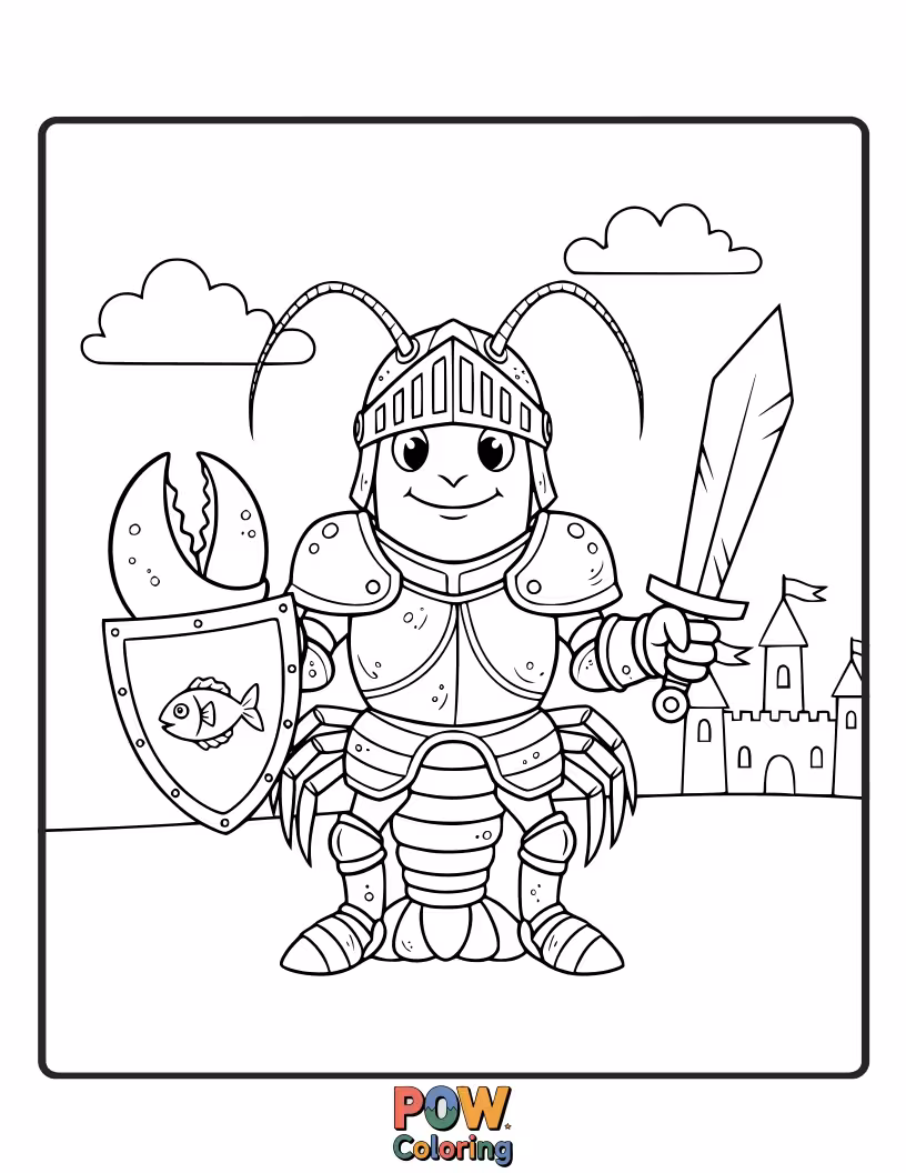Free coloring page of A noble lobster clad in a shiny suit of armor, ready to defend its underwater kingdom with bravery.
